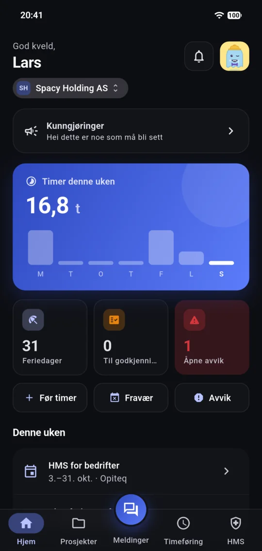 Anbudsgiver-appen på mobil: hjemskjermen med timer denne uken, feriedager og åpne avvik