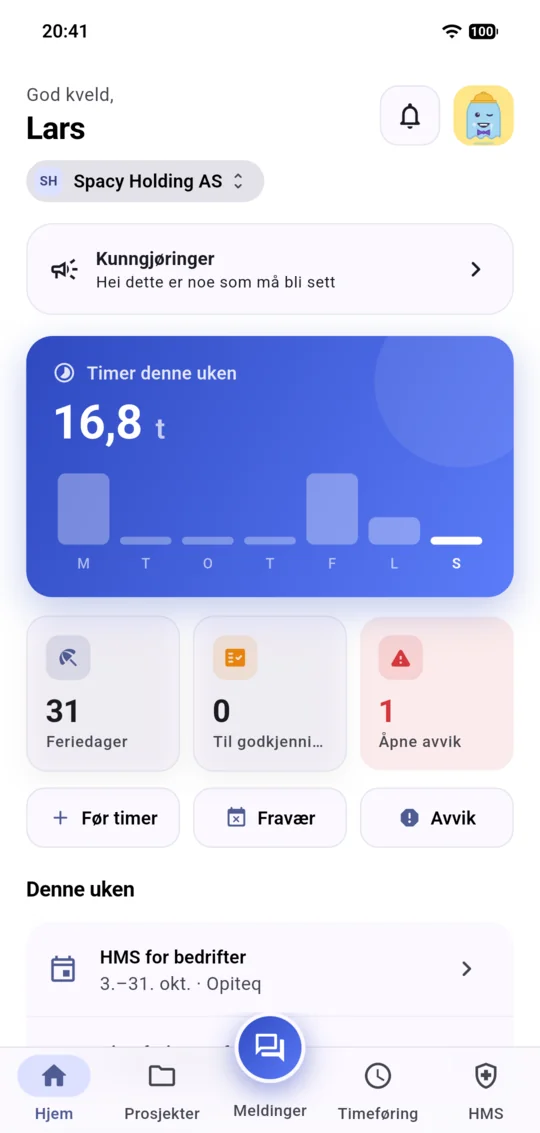 Anbudsgiver-appen på mobil: hjemskjermen med timer denne uken, feriedager og åpne avvik