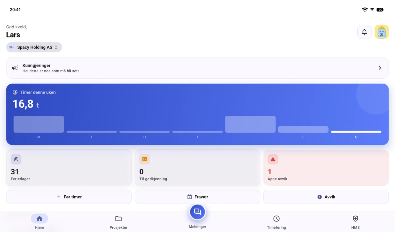 Anbudsgiver-appen på nettbrett: den samme hjemskjermen i liggende format